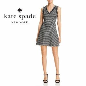 Kate Spade Tweed Houndstooth Black White Fringe Dress A-Line V-Neck Exposed Zip